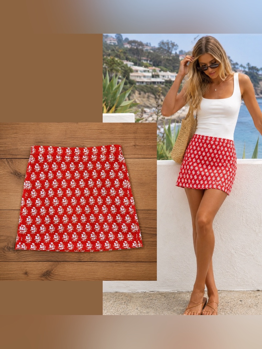 J. Crew Red Mini Skirt with White Floral Print